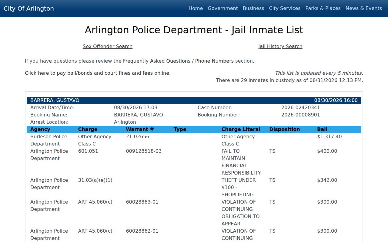 Arlington municipal jail inmate record list
