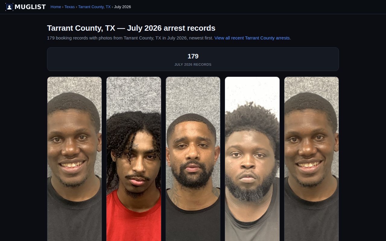 Tarrant County Muglist month-based third-party booking index