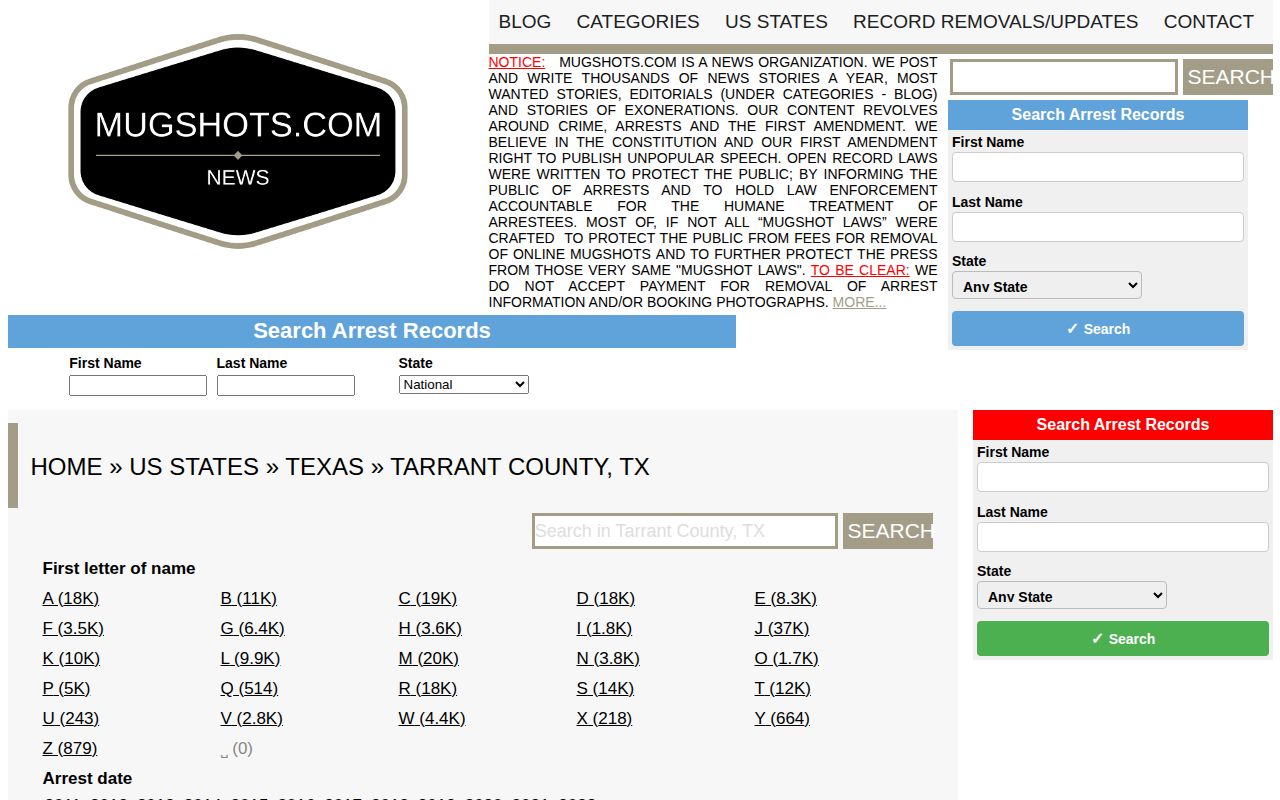 Tarrant County Mugshots.com archive-style secondary source