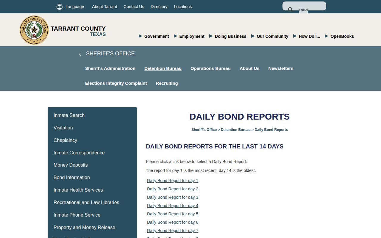 Tarrant County Daily Bond Reports official booking record source
