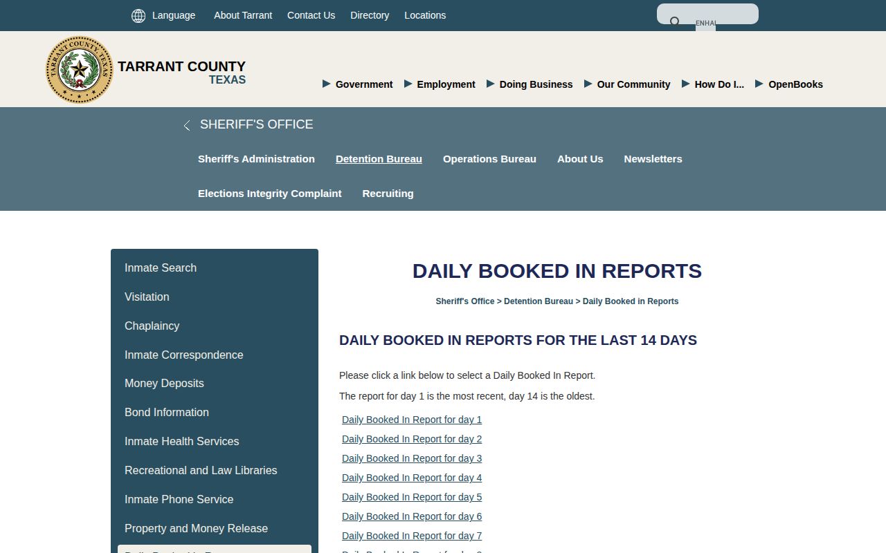 Tarrant County Daily Booked In Reports booking record window