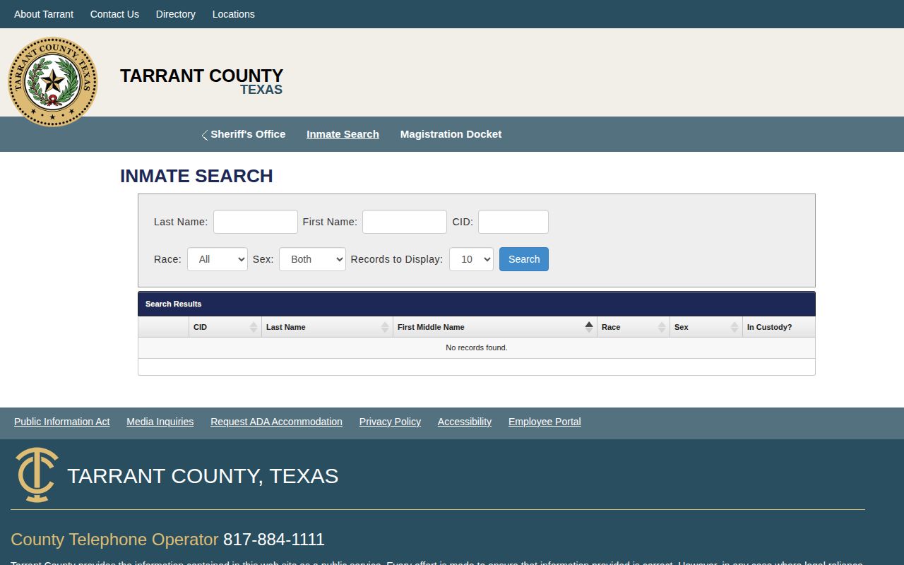 Tarrant County inmate search current custody roster fields