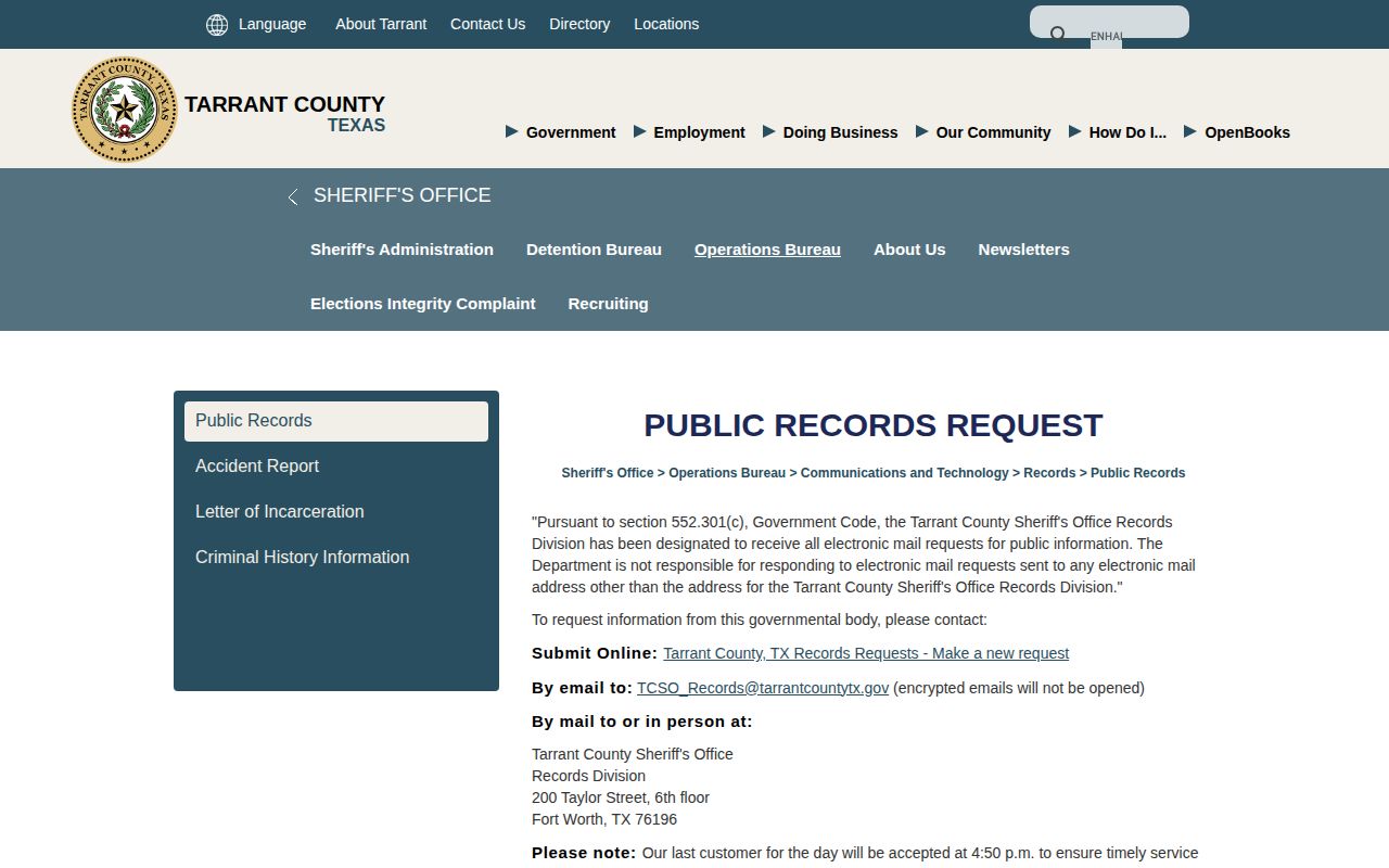 Tarrant County Sheriff Records Division public booking record request page