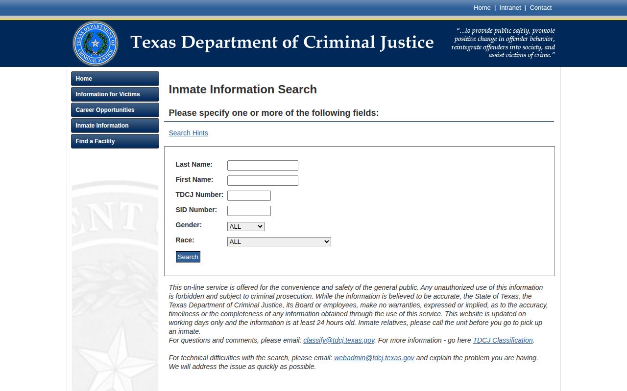 Tarrant County state-custody record comparison in Texas Department of Criminal Justice offender search