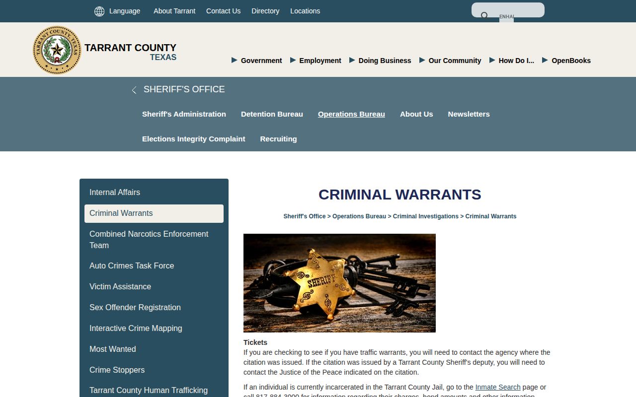 Tarrant County Sheriff criminal warrants official information page