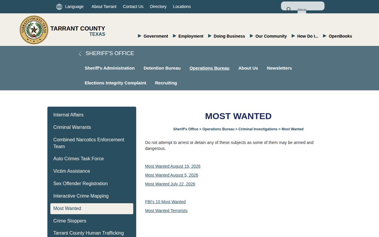 Tarrant County Sheriff official wanted fugitives page